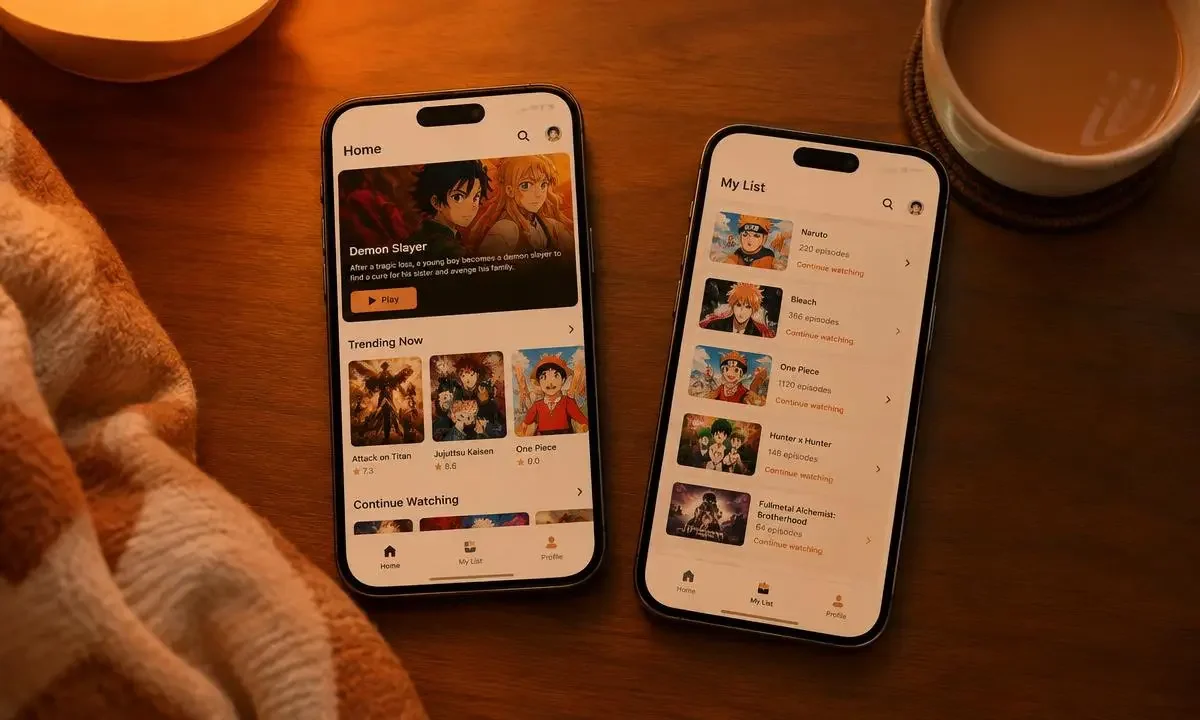 秀秀漫画 APP 双平台界面展示，桌面有热奶茶与毛毯